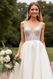 Ivory Spaghetti Straps Satin Wedding Dress With Lace