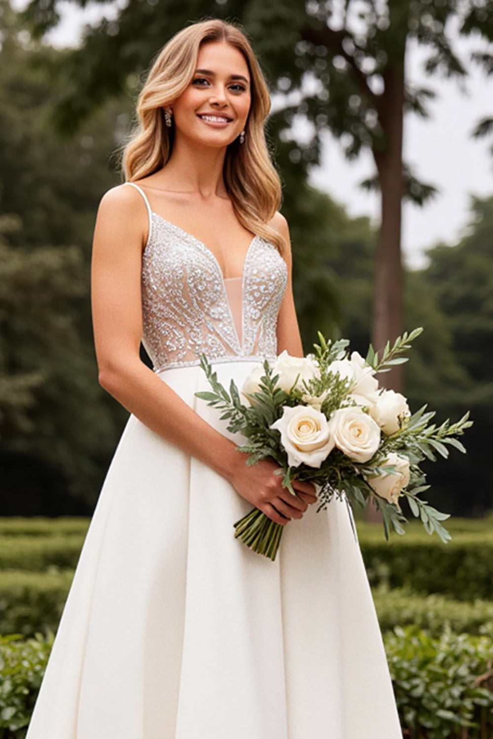 Ivory Spaghetti Straps Satin Wedding Dress With Lace