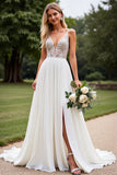 Ivory A Line Chiffon Lace Long Wedding Dress
