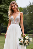 Ivory A Line Chiffon Lace Long Wedding Dress