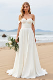 A Line Ivory Off The Shoulder Ruched Long Wedding Dress