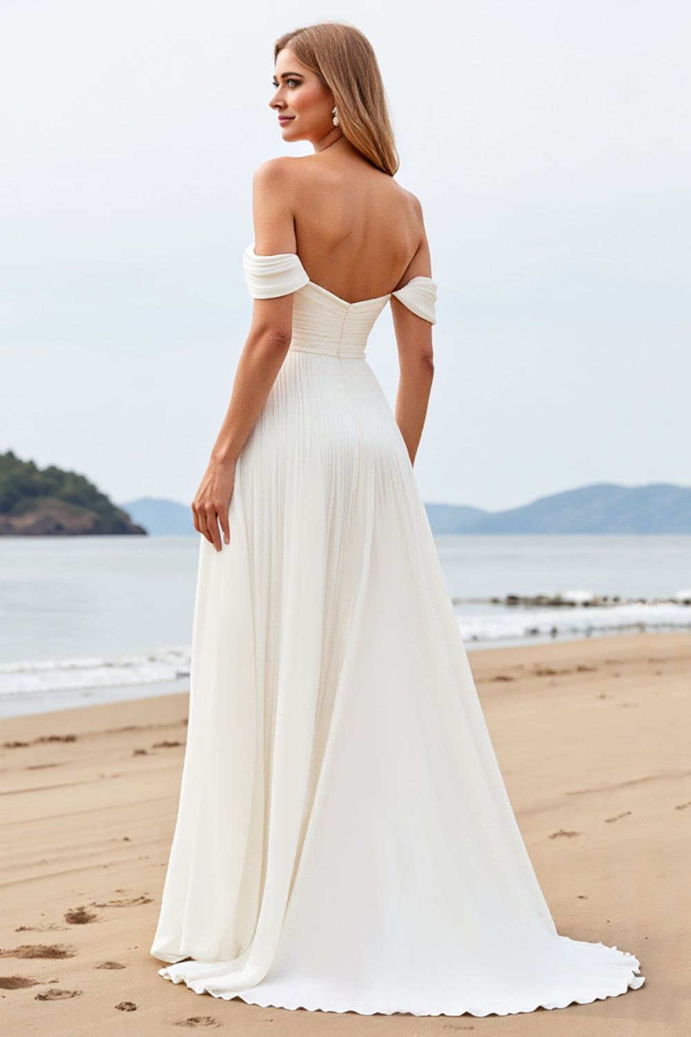 A Line Ivory Off The Shoulder Ruched Long Wedding Dress
