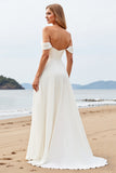 A Line Ivory Off The Shoulder Ruched Long Wedding Dress