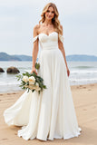 A Line Ivory Off The Shoulder Ruched Long Wedding Dress