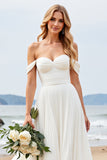 A Line Ivory Off The Shoulder Ruched Long Wedding Dress