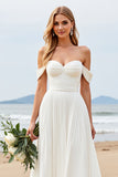 A Line Ivory Off The Shoulder Ruched Long Wedding Dress