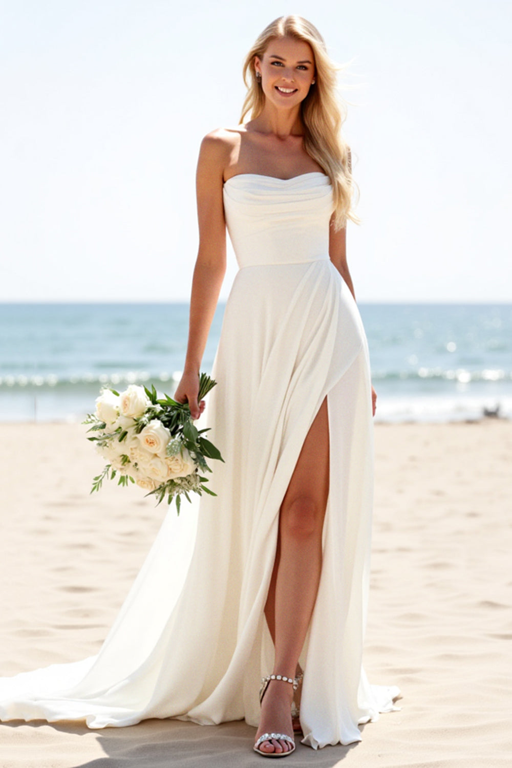 Ivory A Line Strapless Wedding Dress With Slit