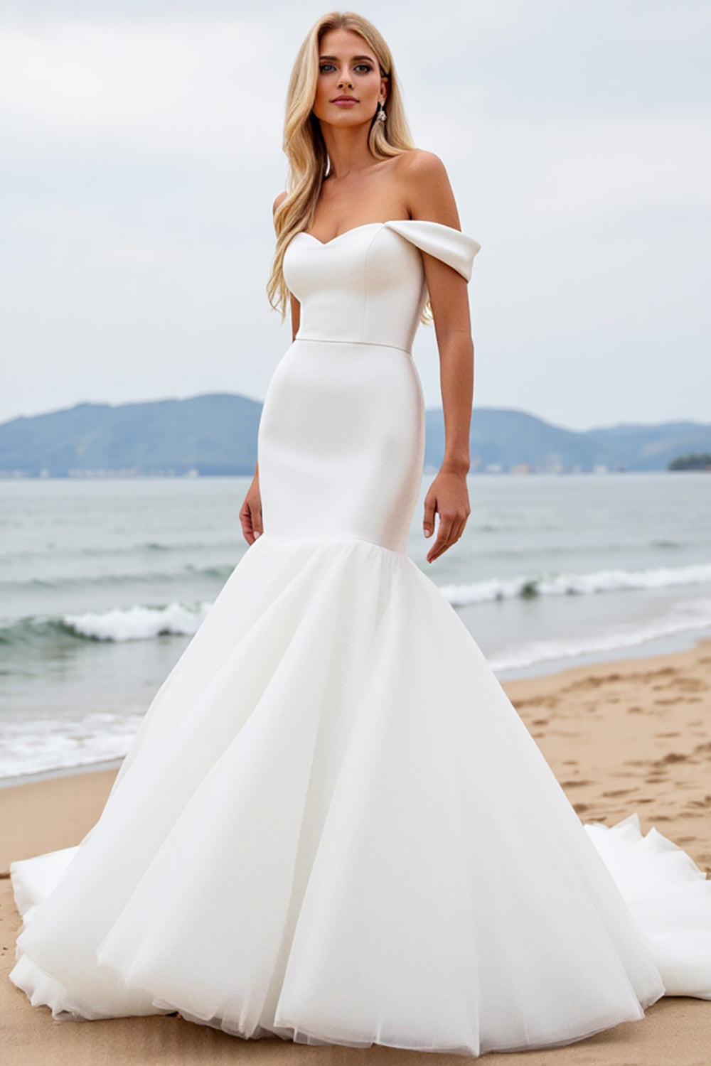 Ivory Off The Shoulder Long Mermaid Wedding Dress