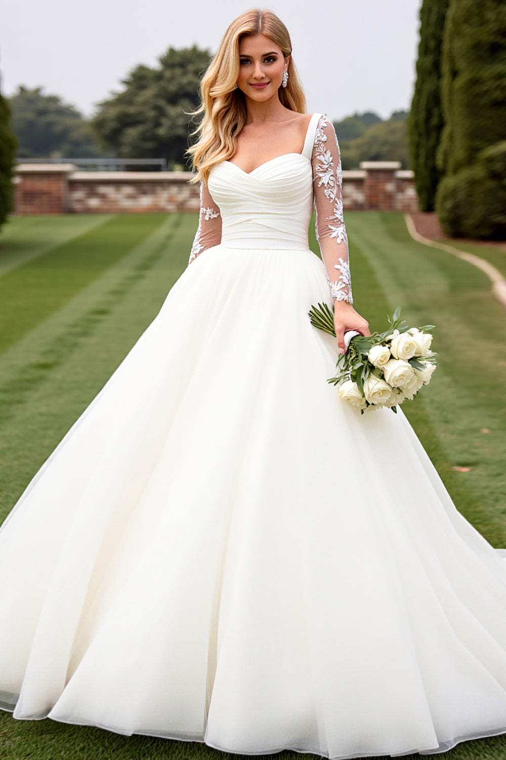 A Line Ivory Appliqued Long Sleeve Wedding Dress