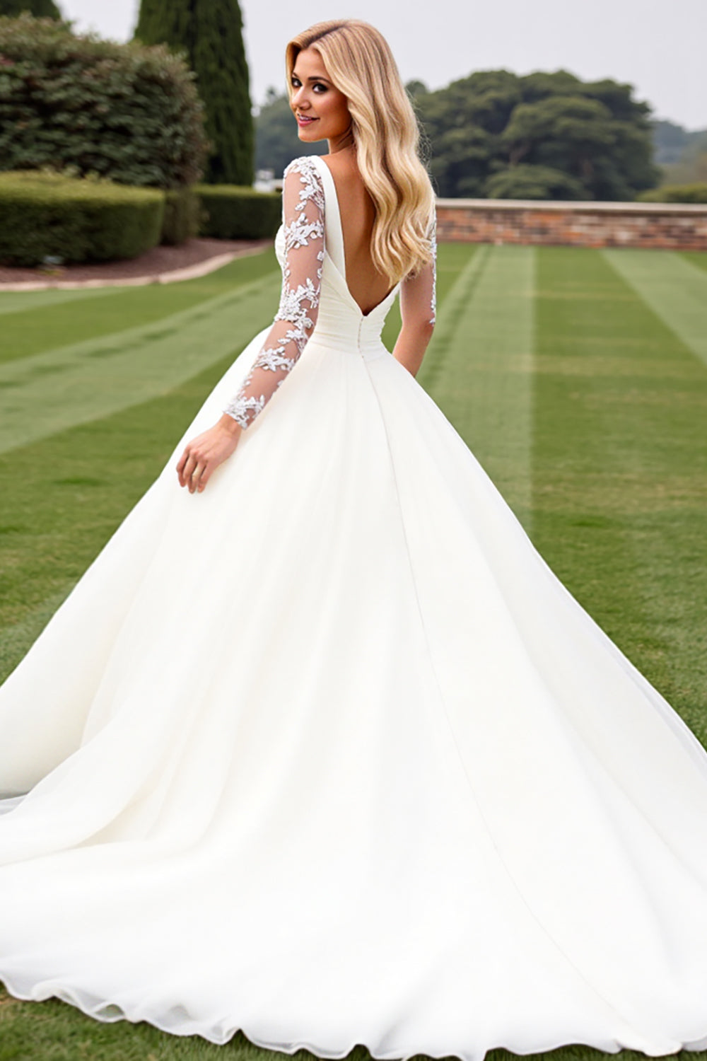 A Line Ivory Appliqued Long Sleeve Wedding Dress