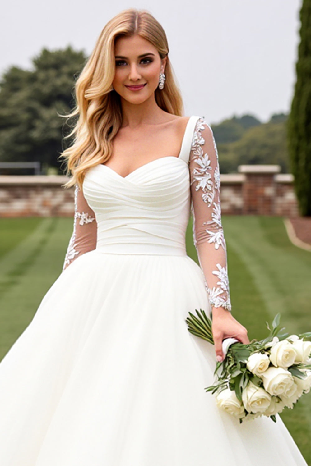 A Line Ivory Appliqued Long Sleeve Wedding Dress