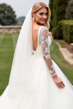 A Line Ivory Appliqued Long Sleeve Wedding Dress
