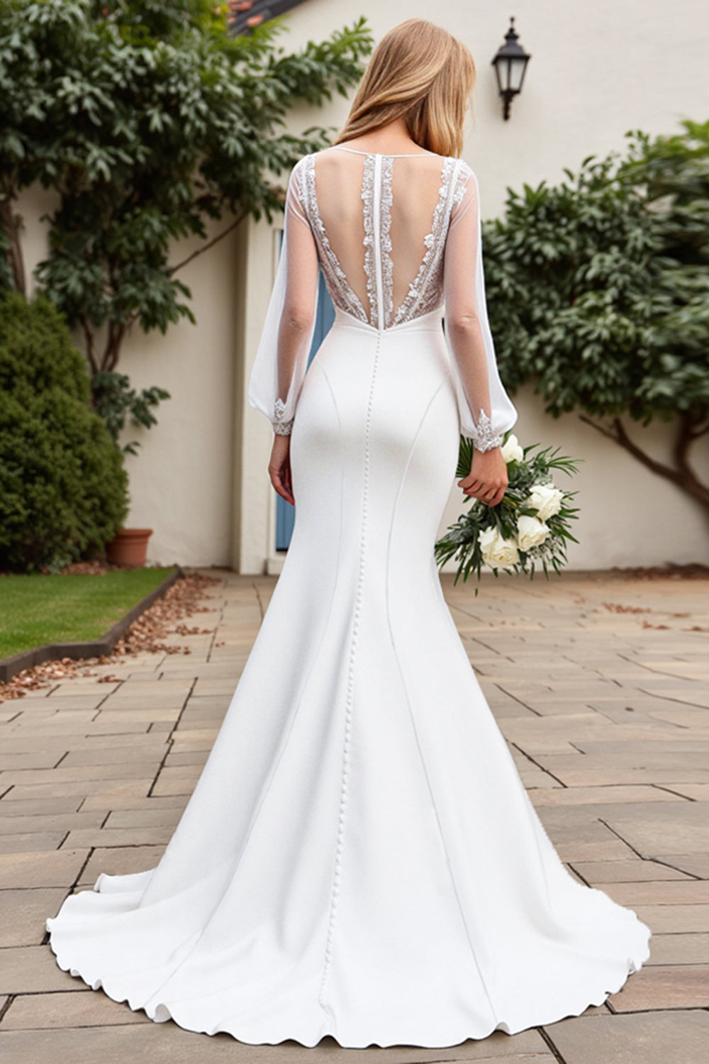 Ivory Mermaid Appliqued Long Sleeve Wedding Dress