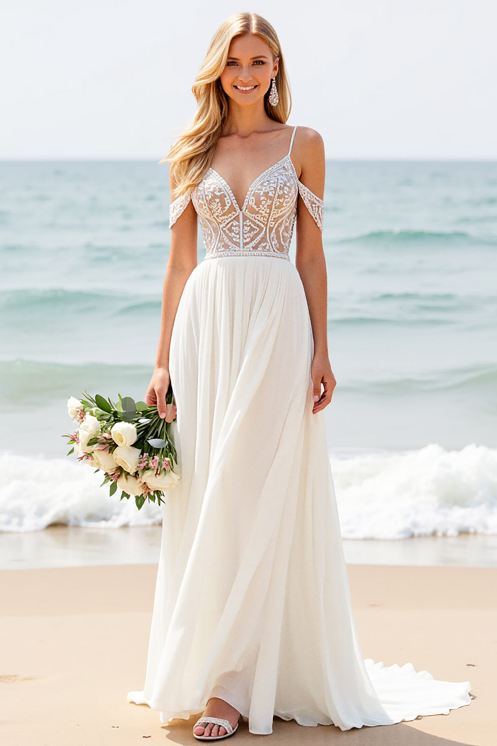 White Cold Shoulder Lace Long A Line Wedding Dress