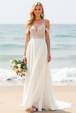 White Cold Shoulder Lace Long A Line Wedding Dress