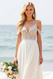 White Cold Shoulder Lace Long A Line Wedding Dress