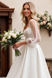 Delicate Ivory Lace A Line Illusion Long Sleeve Wedding Dress