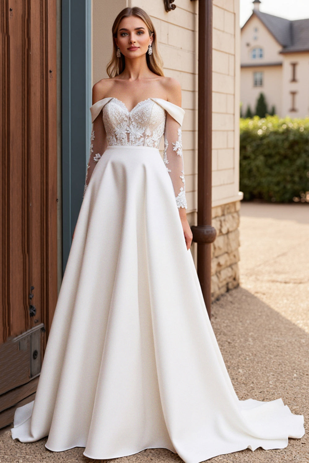Off the Shoulder Satin Lace Ivory Wedding Dress with Long Sleeves