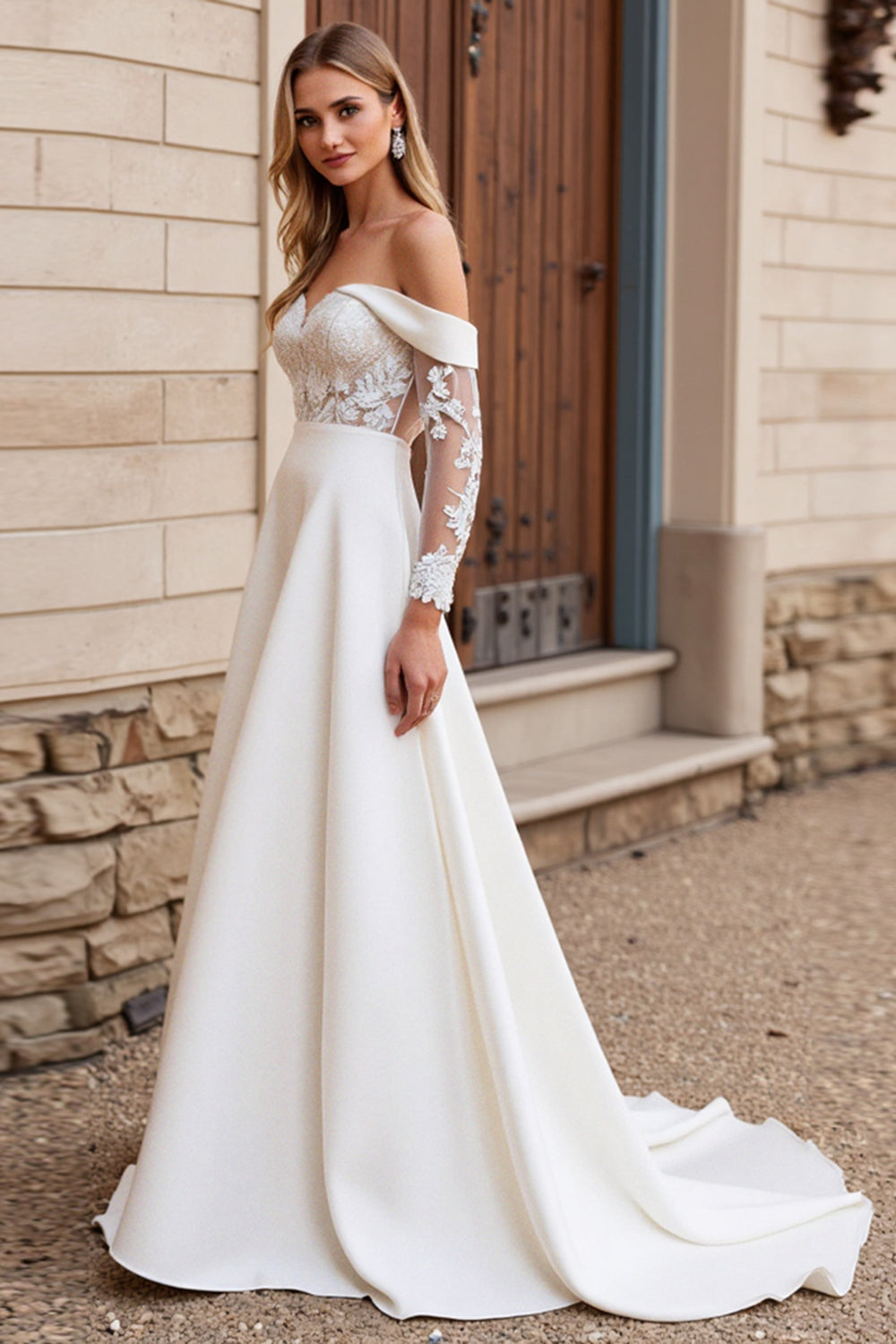 Off the Shoulder Satin Lace Ivory Wedding Dress with Long Sleeves