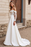 Off the Shoulder Satin Lace Ivory Wedding Dress with Long Sleeves