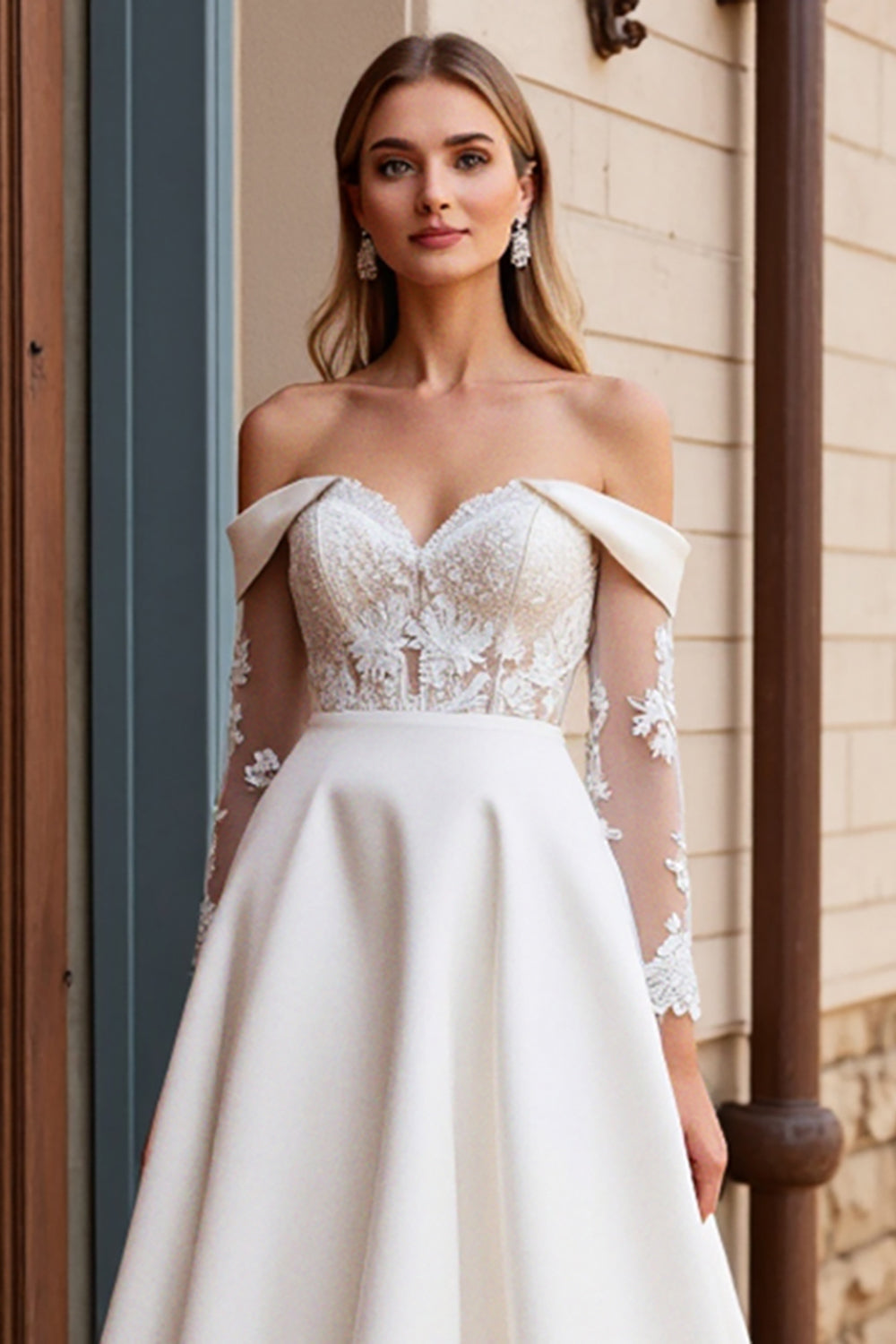 Off the Shoulder Satin Lace Ivory Wedding Dress with Long Sleeves