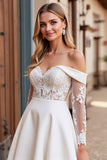 Off the Shoulder Satin Lace Ivory Wedding Dress with Long Sleeves