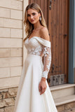 Off the Shoulder Satin Lace Ivory Wedding Dress with Long Sleeves