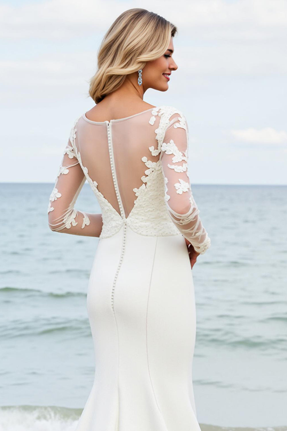 Graceful Ivory Mermaid Lace Illusion Long Sleeve Wedding Dress