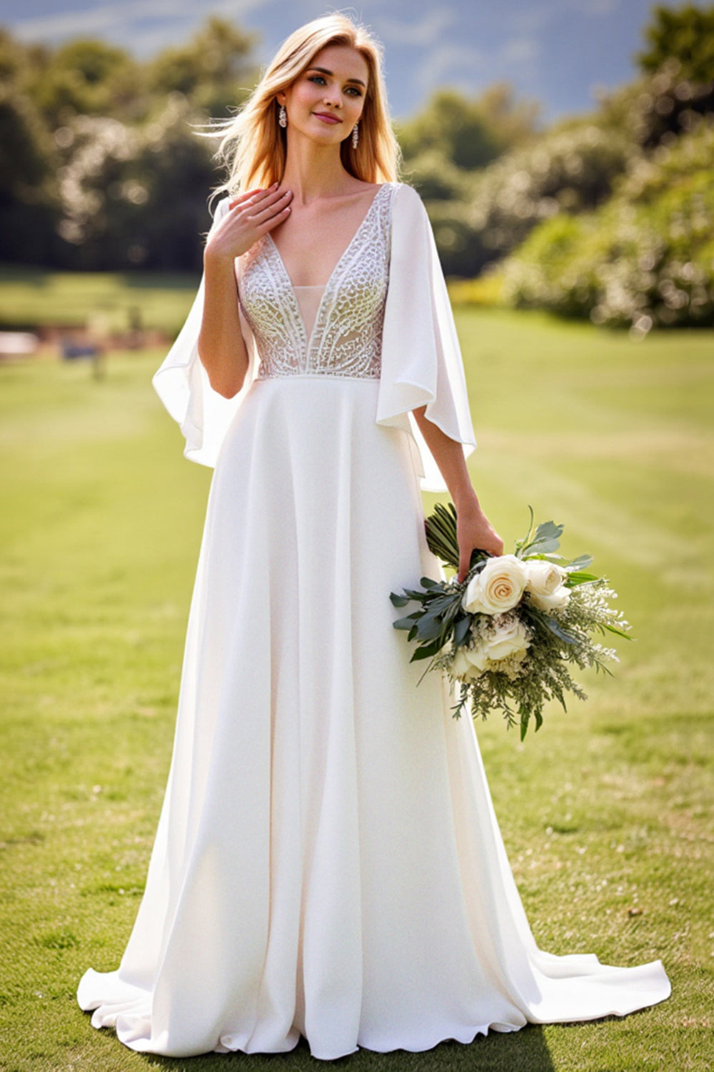 Ivory Deep V Neck Backless Lace Wedding Dress with Flutter Sleeves