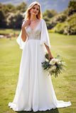 Ivory Deep V Neck Backless Lace Wedding Dress with Flutter Sleeves