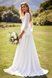 Ivory Deep V Neck Backless Lace Wedding Dress with Flutter Sleeves