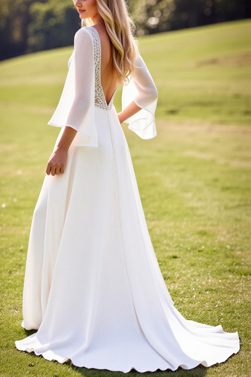 Ivory Deep V Neck Backless Lace Wedding Dress with Flutter Sleeves