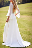 Ivory Deep V Neck Backless Lace Wedding Dress with Flutter Sleeves