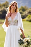 Ivory Deep V Neck Backless Lace Wedding Dress with Flutter Sleeves