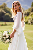 Ivory Deep V Neck Backless Lace Wedding Dress with Flutter Sleeves