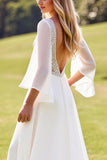 Ivory Deep V Neck Backless Lace Wedding Dress with Flutter Sleeves