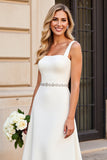 Simple Ivory Beaded Square Neck Long Wedding Dress
