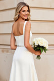 Simple Ivory Beaded Square Neck Long Wedding Dress