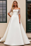 Ivory Lace Off the Shoulder Satin Wedding Dress with Half Sleeves