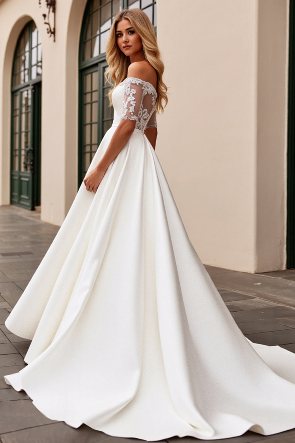 Ivory Lace Off the Shoulder Satin Wedding Dress with Half Sleeves