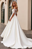 Ivory Lace Off the Shoulder Satin Wedding Dress with Half Sleeves