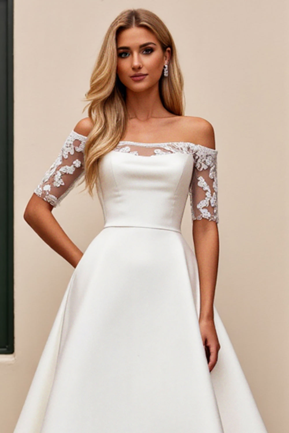 Ivory Lace Off the Shoulder Satin Wedding Dress with Half Sleeves