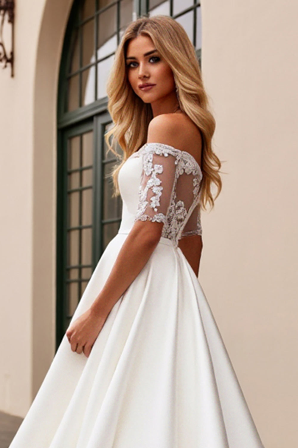 Ivory Lace Off the Shoulder Satin Wedding Dress with Half Sleeves