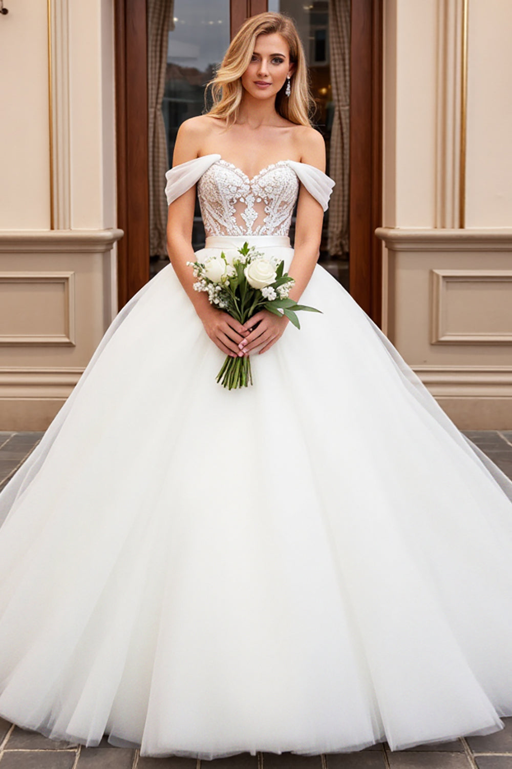 Ivory Lace Tulle Off the Shoulder Wedding Dress