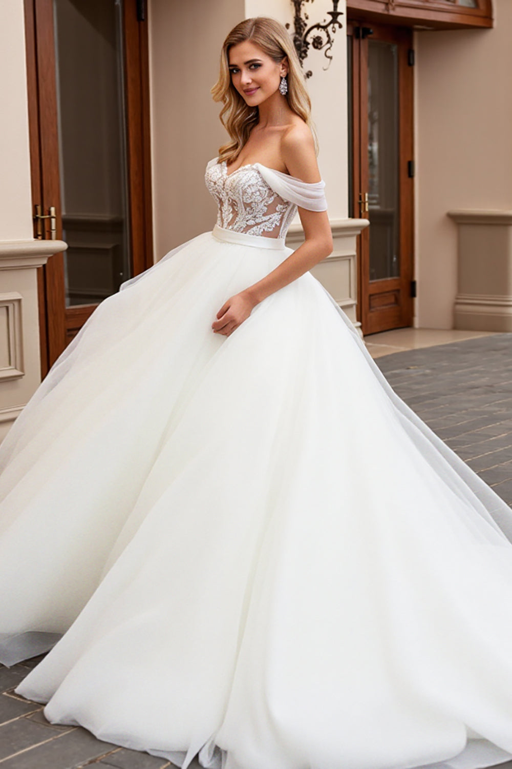Ivory Lace Tulle Off the Shoulder Wedding Dress