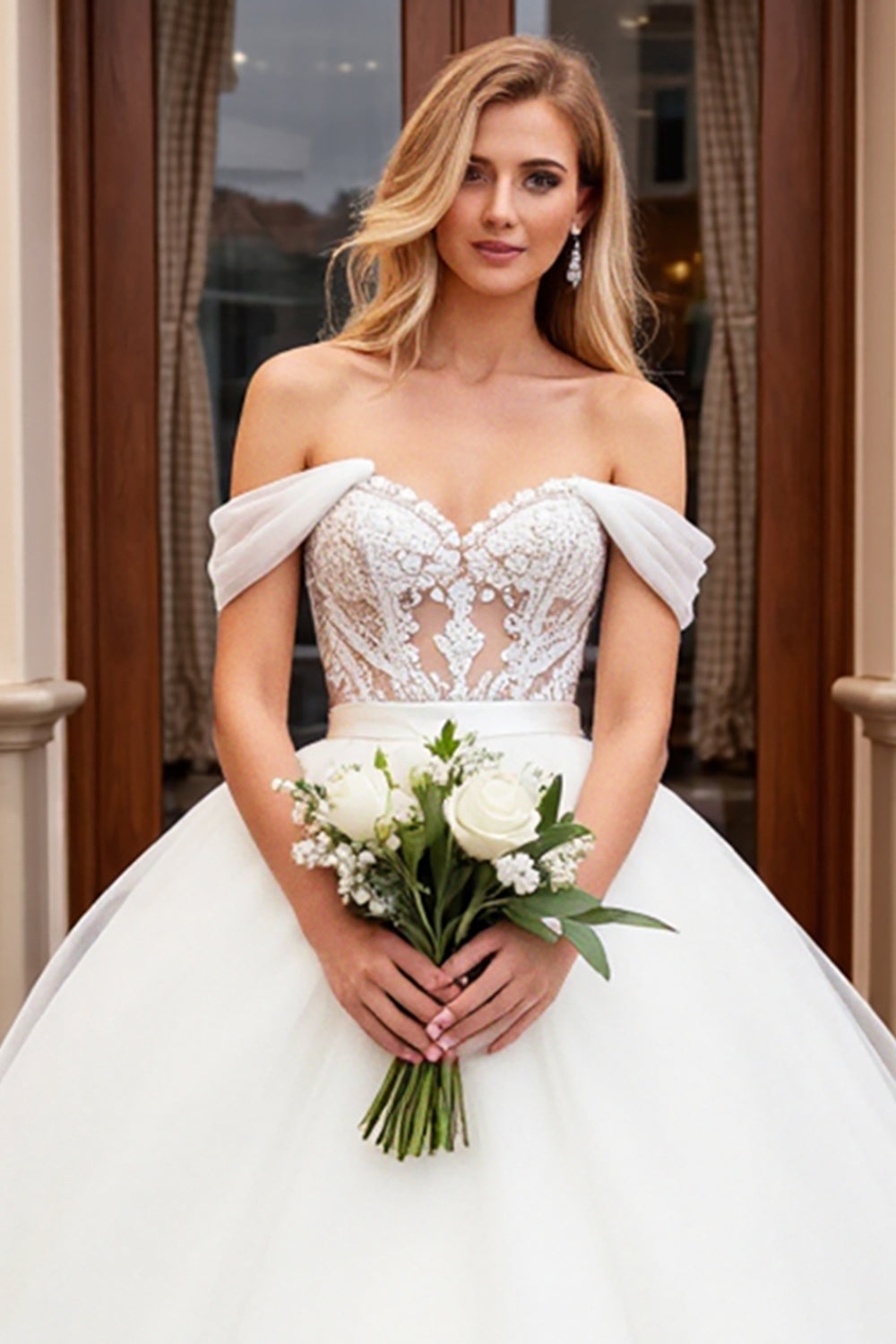 Ivory Lace Tulle Off the Shoulder Wedding Dress