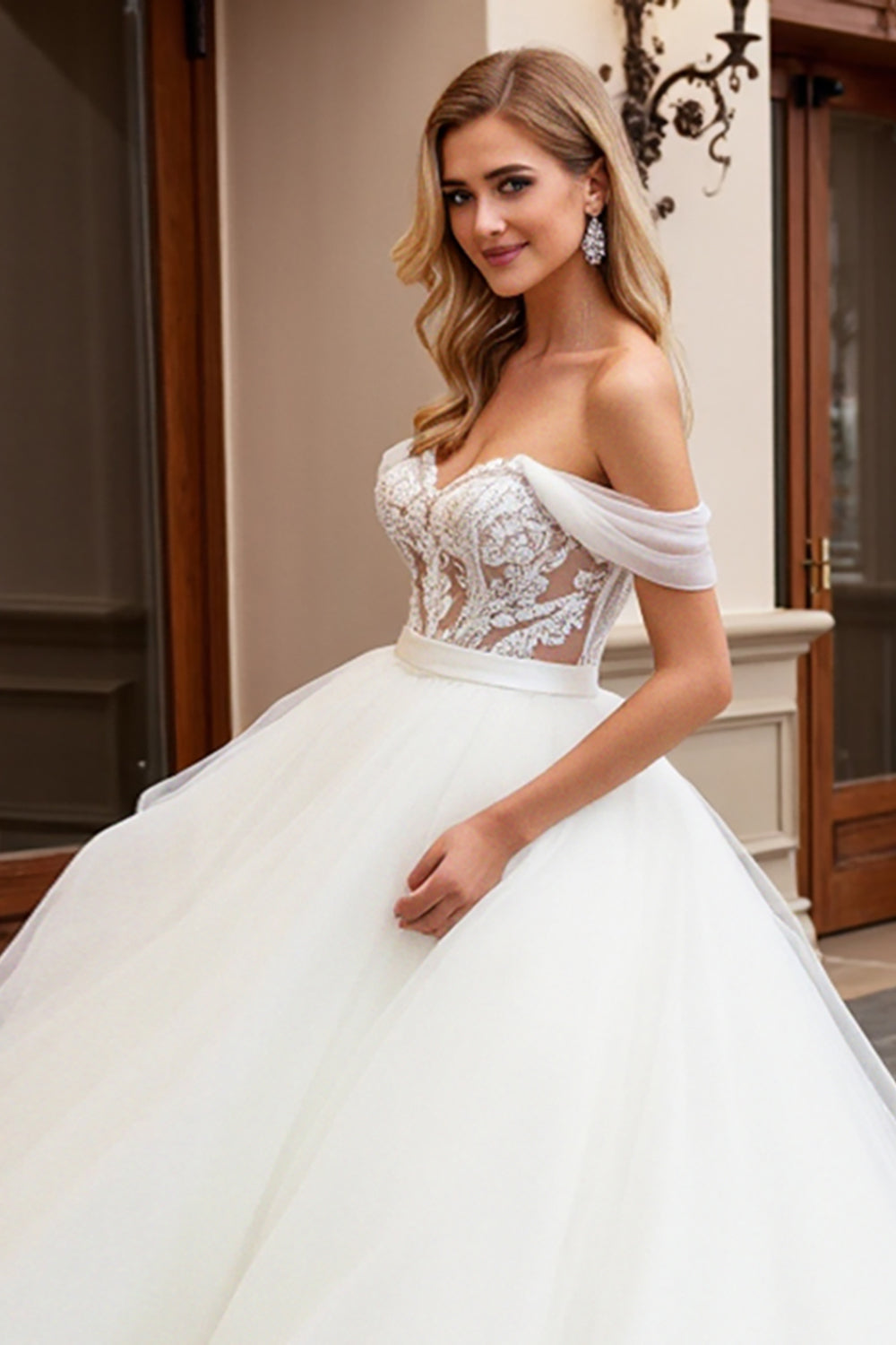 Ivory Lace Tulle Off the Shoulder Wedding Dress