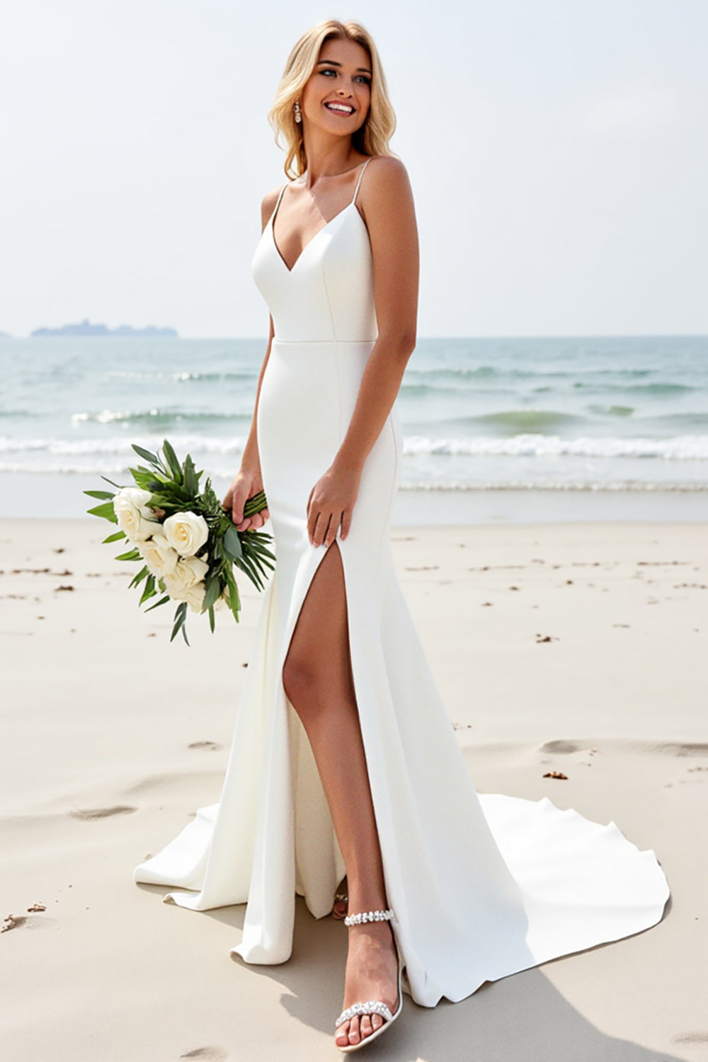 Simple Ivory Satin Mermaid Wedding Dress with Slit