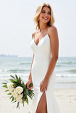 Simple Ivory Satin Mermaid Wedding Dress with Slit
