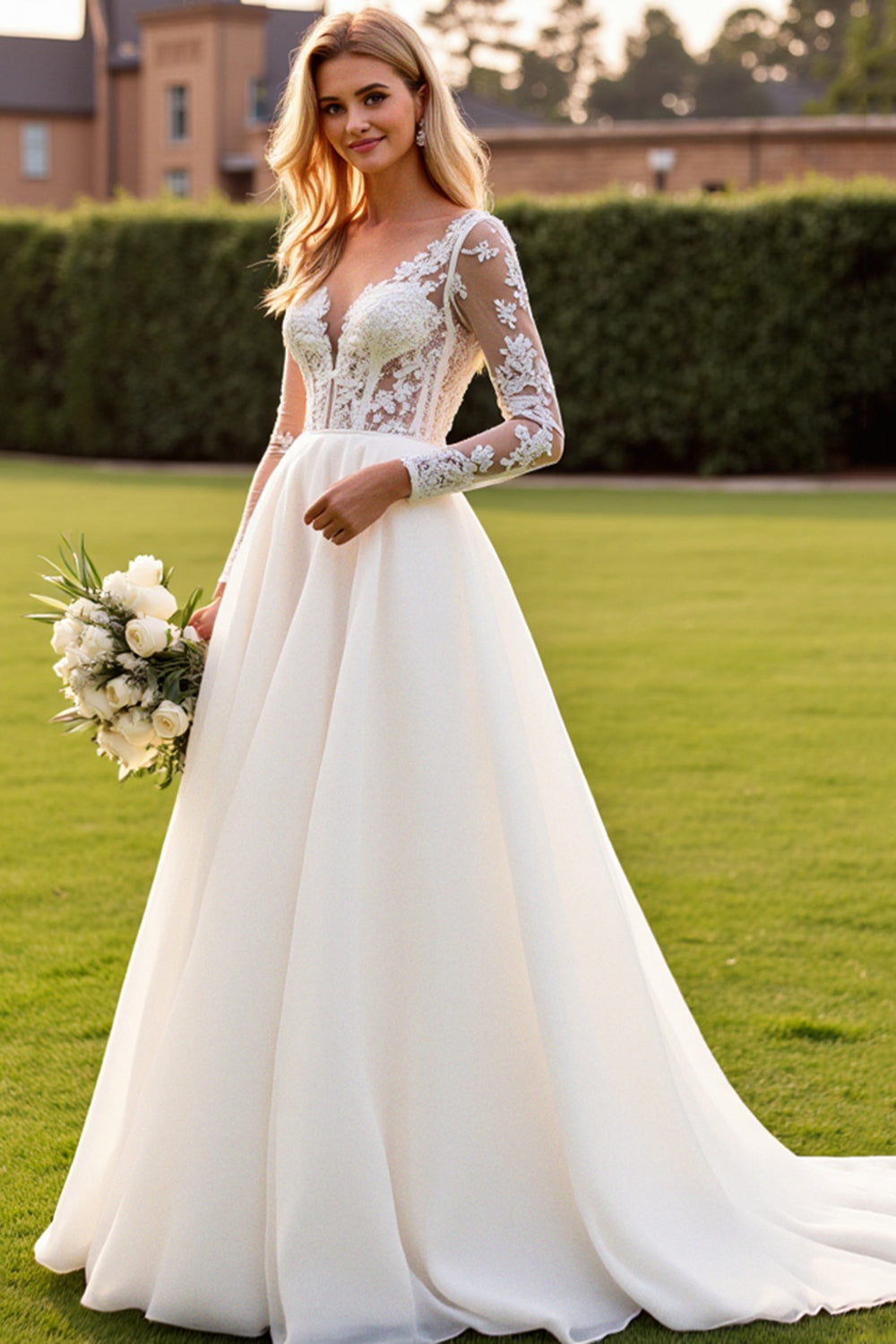 Ivory V-Neck Lace A Line Wedding Dress with Long Sleeves